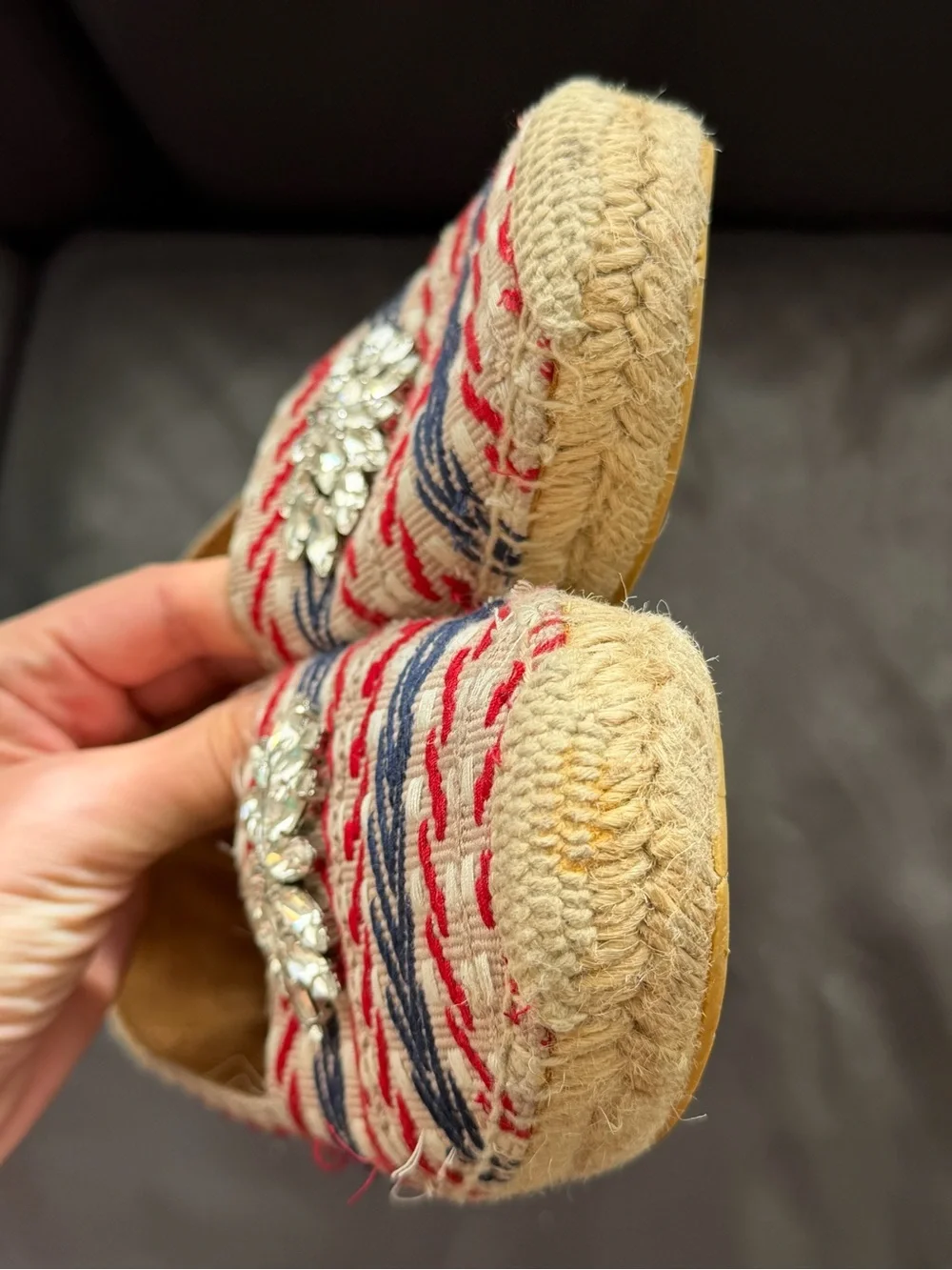 Miu Miu Beige Espadrilles with Red & Navy Stripe and Crystal Brooch 37 Size